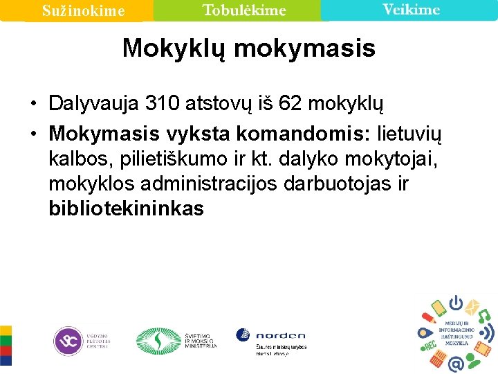 Sužinokime Mokyklų mokymasis • Dalyvauja 310 atstovų iš 62 mokyklų • Mokymasis vyksta komandomis: