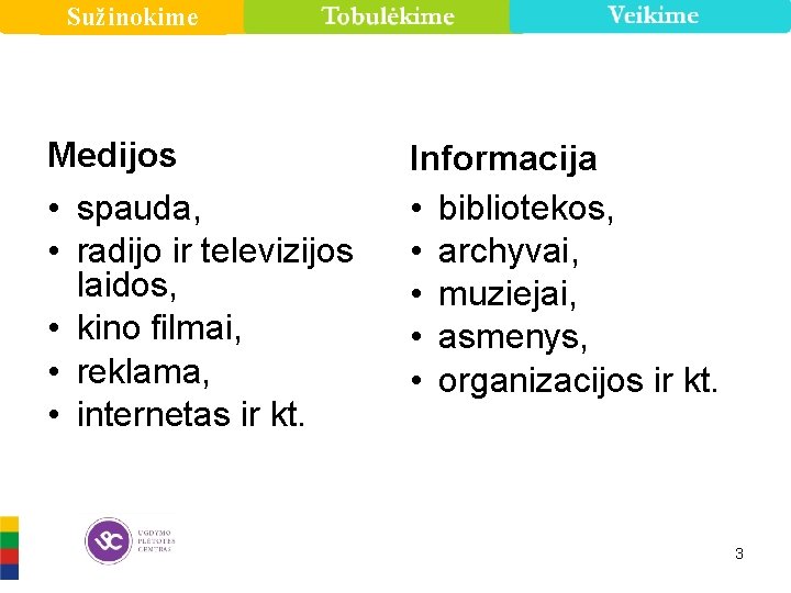 Sužinokime Medijos • spauda, • radijo ir televizijos laidos, • kino filmai, • reklama,