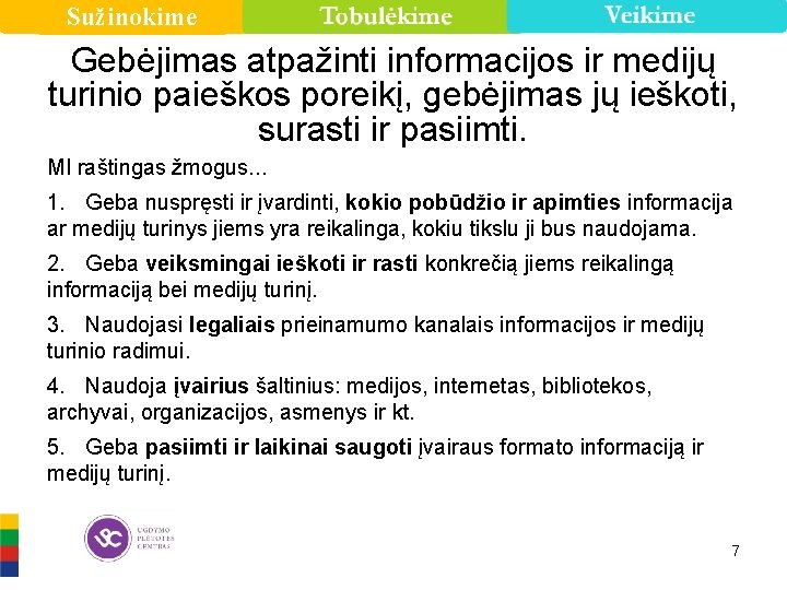 Sužinokime Gebėjimas atpažinti informacijos ir medijų turinio paieškos poreikį, gebėjimas jų ieškoti, surasti ir