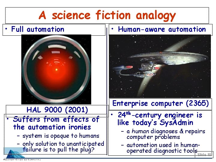 A science fiction analogy • Full automation HAL 9000 (2001) • Suffers from effects