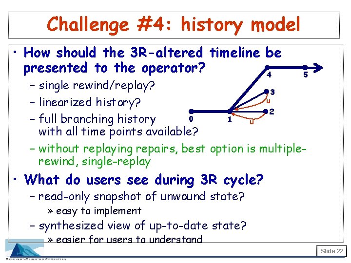 Challenge #4: history model • How should the 3 R-altered timeline be presented to