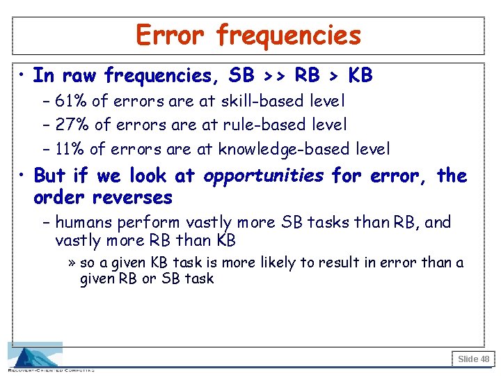 Error frequencies • In raw frequencies, SB >> RB > KB – 61% of