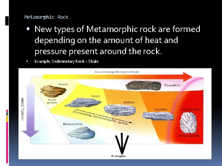 Metamorphic Rock New types of Metamorphic rock are formed depending on the amount of