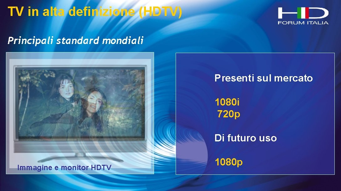 TV in alta definizione (HDTV) Principali standard mondiali Presenti sul mercato 1080 i 720