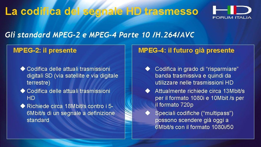 La codifica del segnale HD trasmesso Gli standard MPEG-2 e MPEG-4 Parte 10 /H.