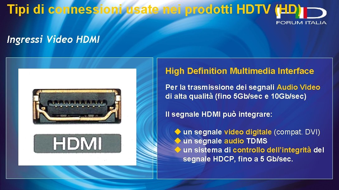 Tipi di connessioni usate nei prodotti HDTV (HD) Ingressi Video HDMI High Definition Multimedia