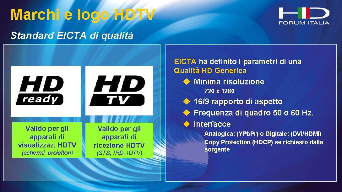 Marchi e logo HDTV Standard EICTA di qualità EICTA ha definito i parametri di