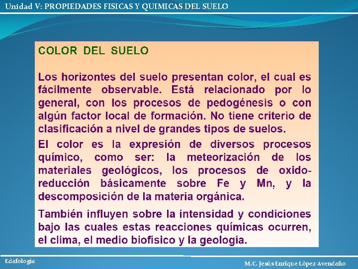 Unidad V: PROPIEDADES FISICAS Y QUIMICAS DEL SUELO Edafología M. C. Jesús Enrique López