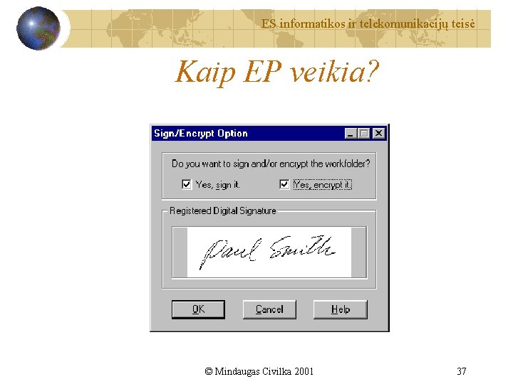 ES informatikos ir telekomunikacijų teisė Kaip EP veikia? © Mindaugas Civilka 2001 37 