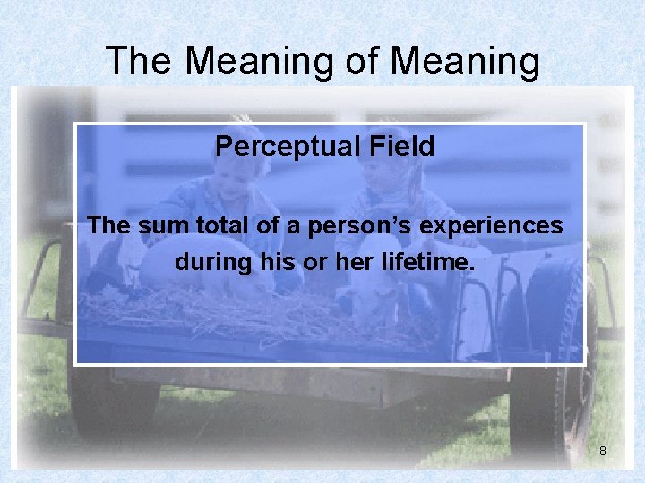 The Meaning of Meaning Perceptual Field The sum total of a person’s experiences during