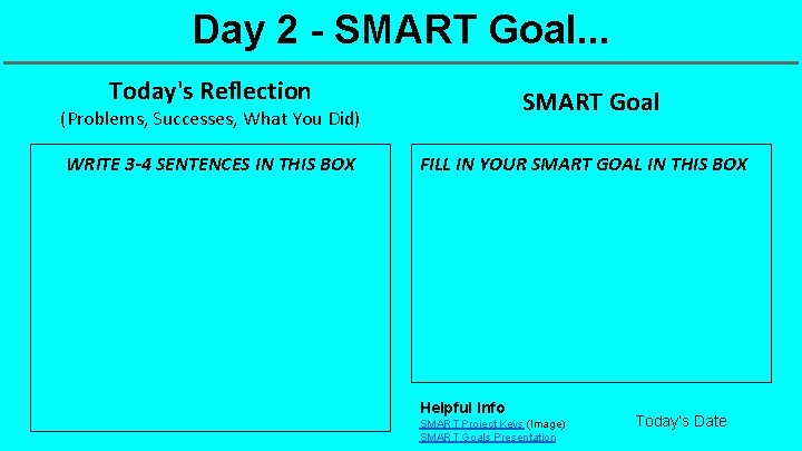 Day 2 - SMART Goal. . . Today's Reflection SMART Goal (Problems, Successes, What
