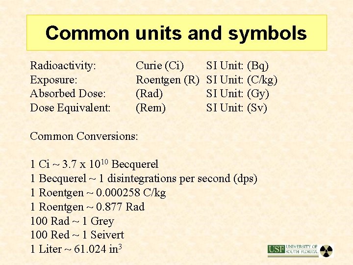 Common units and symbols Radioactivity: Exposure: Absorbed Dose: Dose Equivalent: Curie (Ci) Roentgen (R)