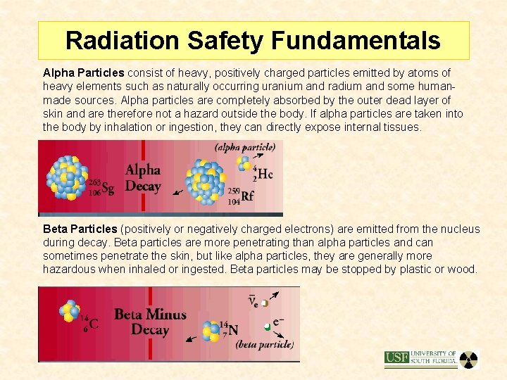 Radiation Safety Fundamentals Alpha Particles consist of heavy, positively charged particles emitted by atoms