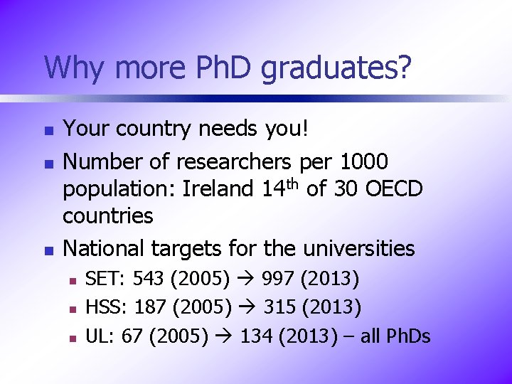 Why more Ph. D graduates? n n n Your country needs you! Number of