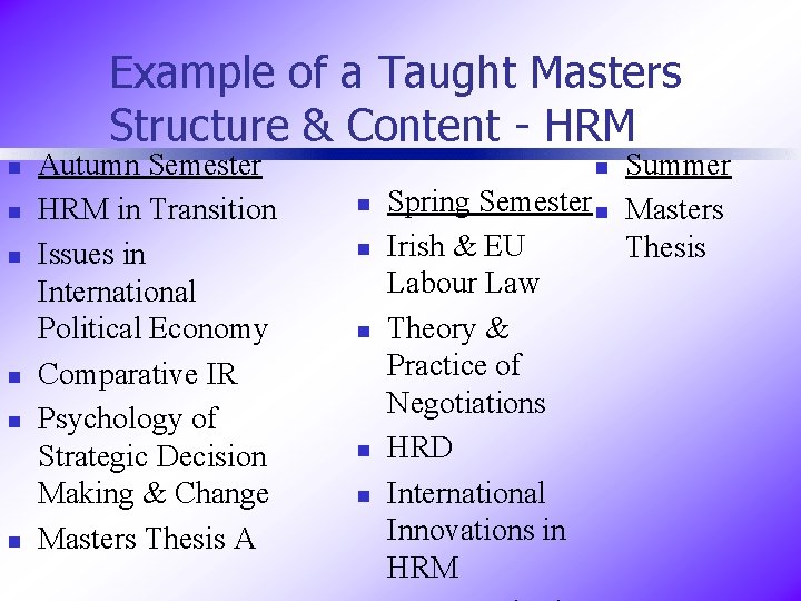 Example of a Taught Masters Structure & Content - HRM n n n Autumn