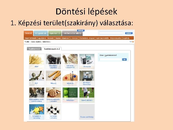 Döntési lépések 1. Képzési terület(szakirány) választása: Döntési lépések 1. Képzési terület(szakirány) választása:
