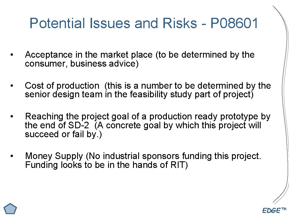 Potential Issues and Risks - P 08601 • Acceptance in the market place (to