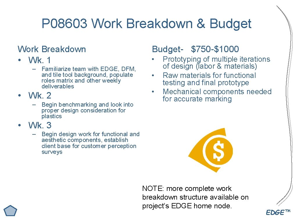 P 08603 Work Breakdown & Budget Work Breakdown • Wk. 1 – Familiarize team
