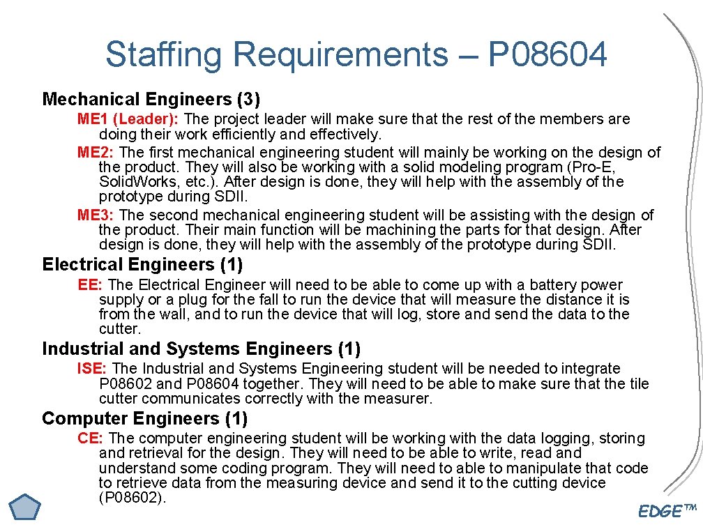 Staffing Requirements – P 08604 Mechanical Engineers (3) ME 1 (Leader): The project leader