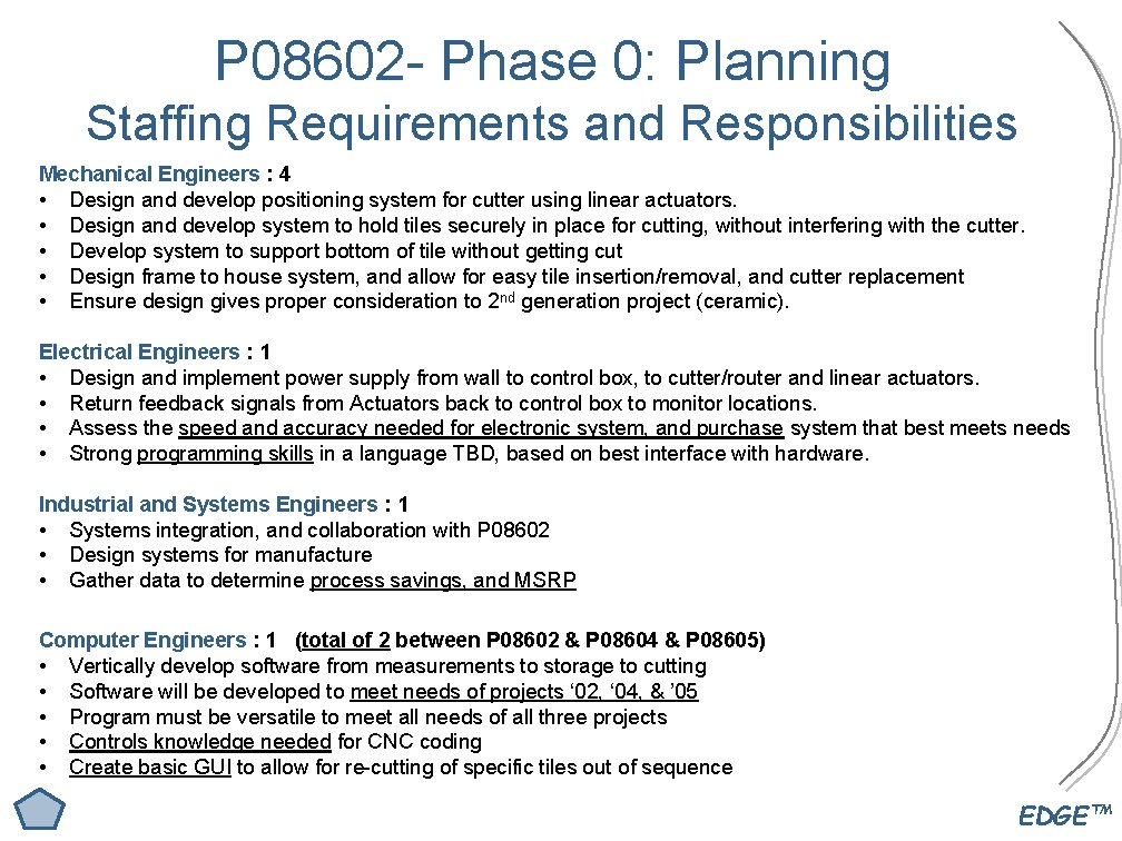 P 08602 - Phase 0: Planning Staffing Requirements and Responsibilities Mechanical Engineers : 4