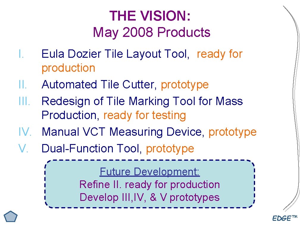 THE VISION: May 2008 Products I. Eula Dozier Tile Layout Tool, ready for production