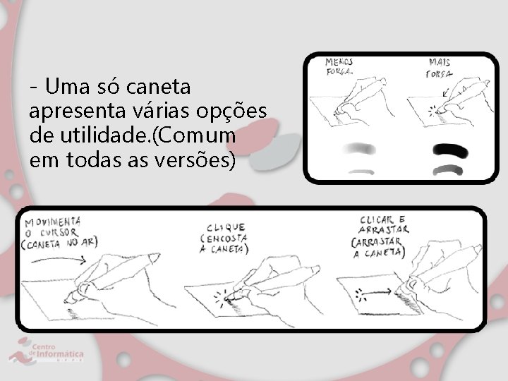 - Uma só caneta apresenta várias opções de utilidade. (Comum em todas as versões)