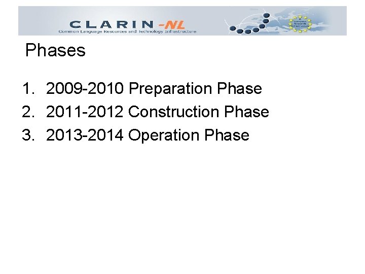 Phases 1. 2009 -2010 Preparation Phase 2. 2011 -2012 Construction Phase 3. 2013 -2014