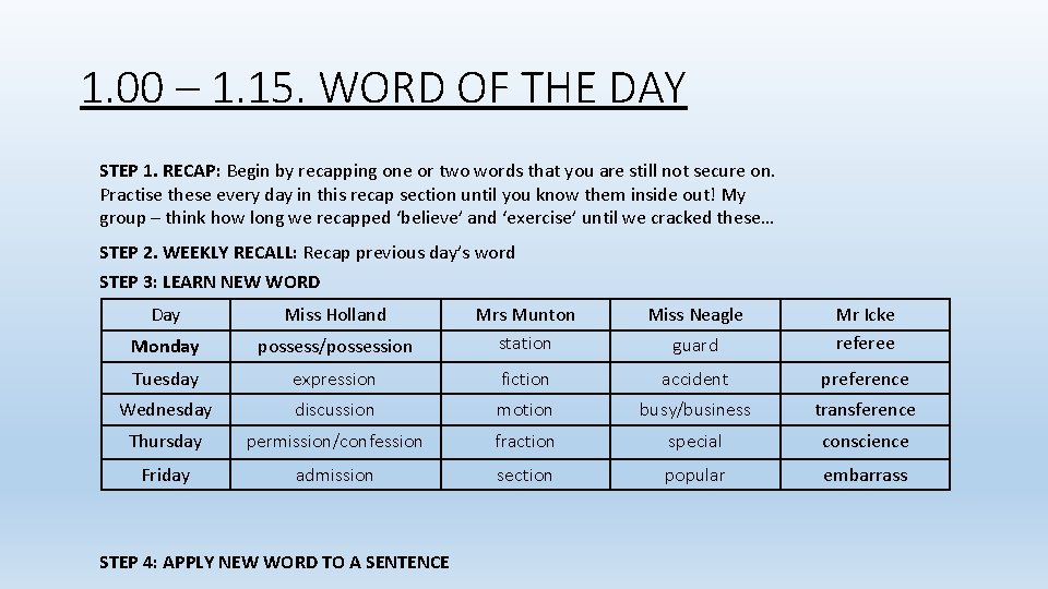 1. 00 – 1. 15. WORD OF THE DAY STEP 1. RECAP: Begin by