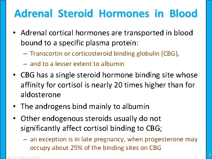 Adrenal Steroid Hormones in Blood • Adrenal cortical hormones are transported in blood bound
