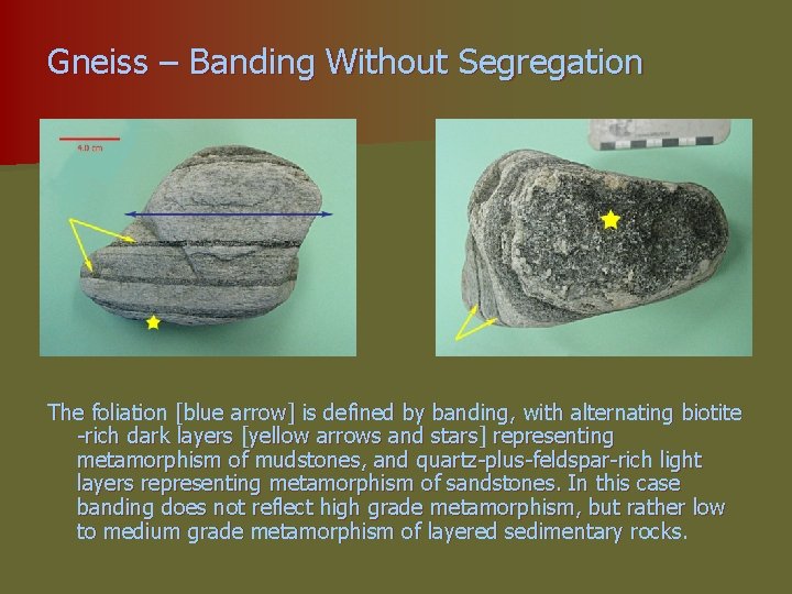 Gneiss – Banding Without Segregation The foliation [blue arrow] is defined by banding, with