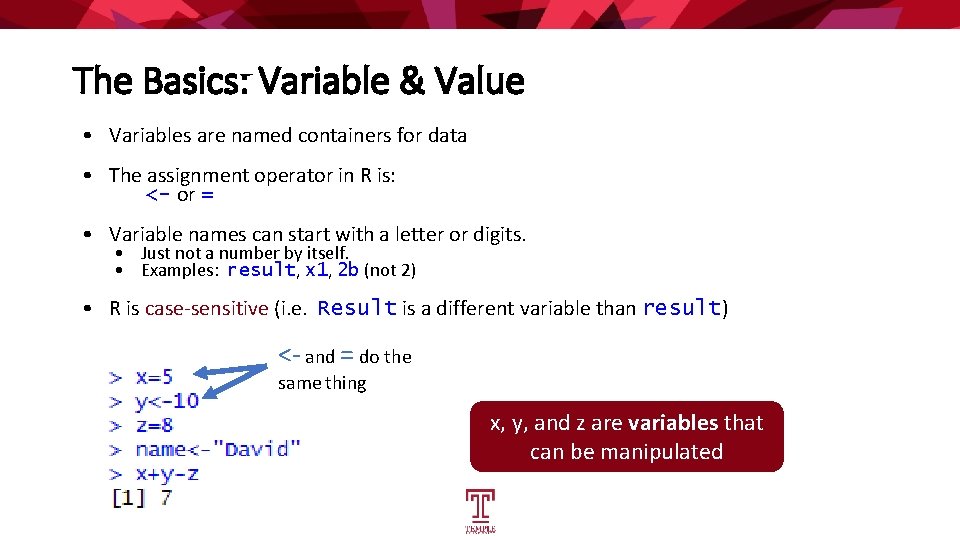 The Basics: Variable & Value • Variables are named containers for data • The