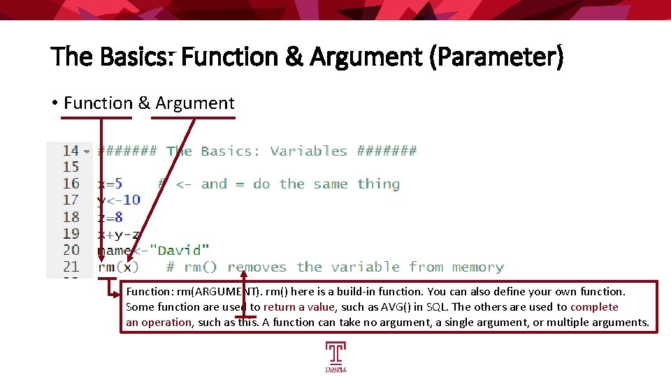 The Basics: Function & Argument (Parameter) • Function & Argument Function: rm(ARGUMENT). rm() here