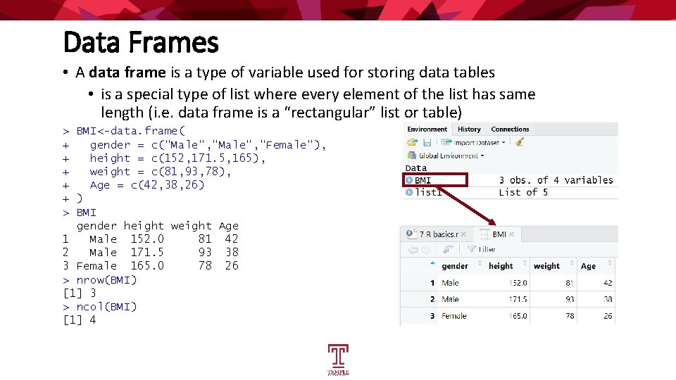 Data Frames • A data frame is a type of variable used for storing