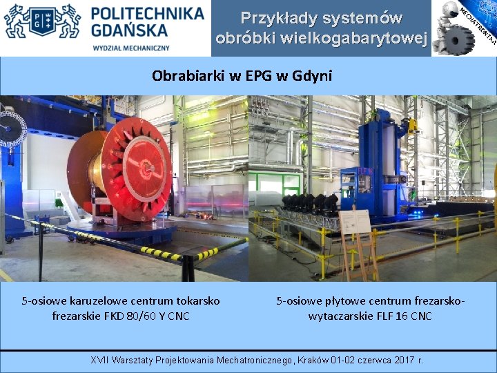 Przykłady systemów obróbki wielkogabarytowej Obrabiarki w EPG w Gdyni 5 -osiowe karuzelowe centrum tokarsko