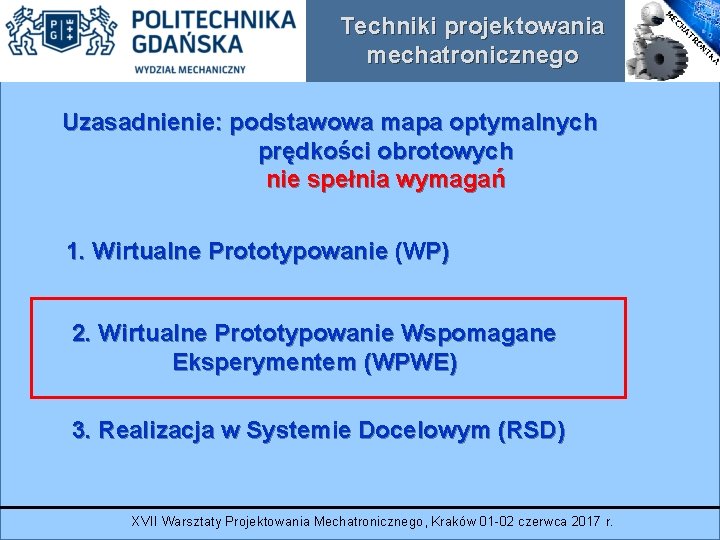 Techniki projektowania mechatronicznego Uzasadnienie: podstawowa mapa optymalnych prędkości obrotowych nie spełnia wymagań 1. Wirtualne