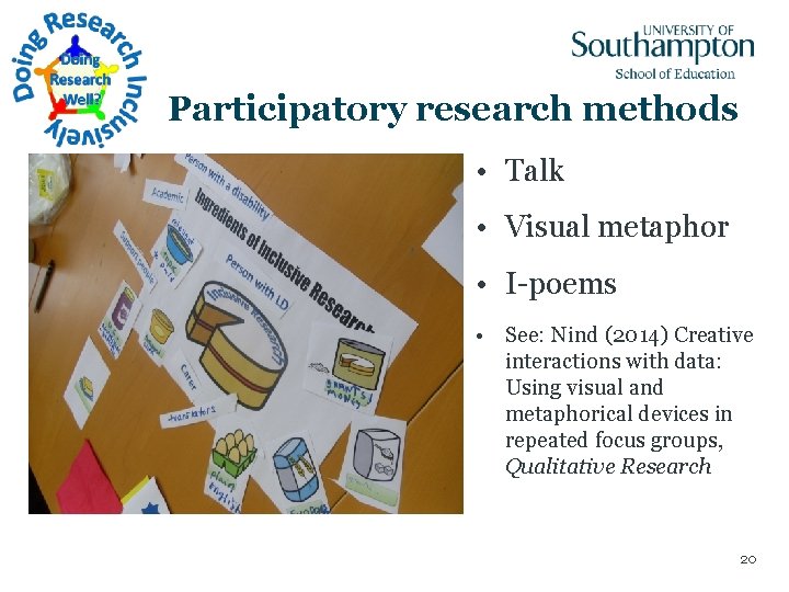 Participatory research methods • Talk • Visual metaphor • I-poems • See: Nind (2014)