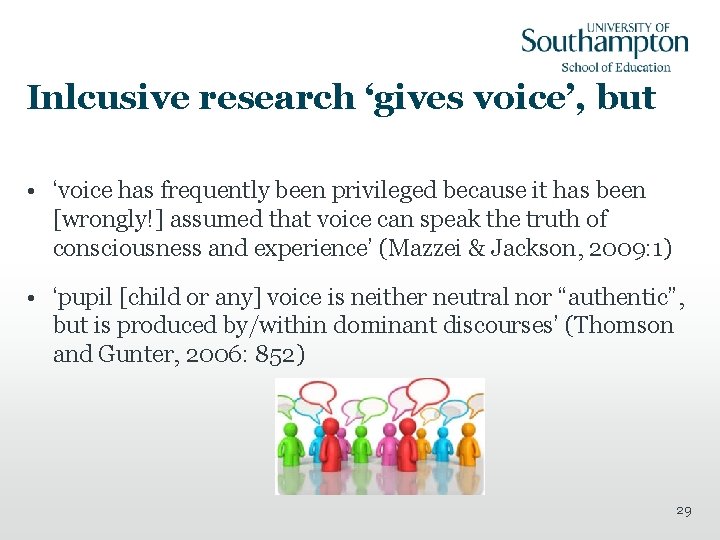 Inlcusive research ‘gives voice’, but • ‘voice has frequently been privileged because it has