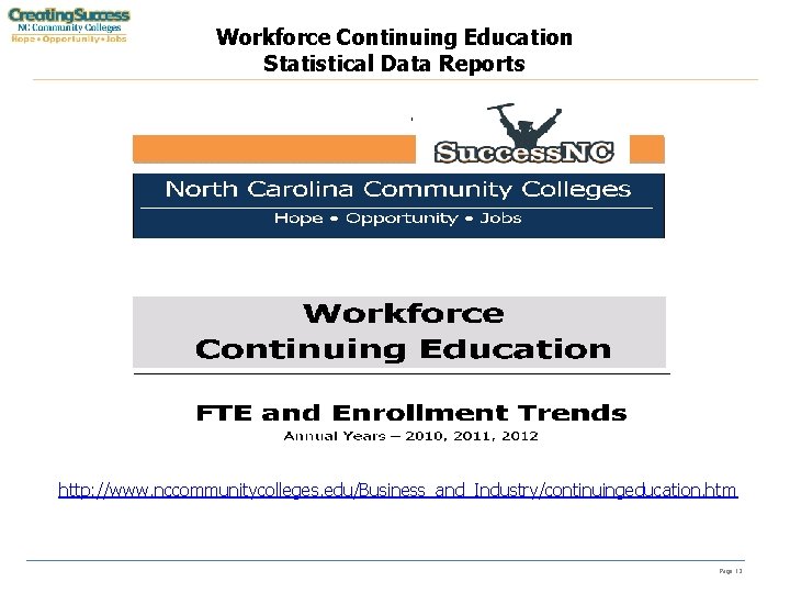 Workforce Continuing Education Statistical Data Reports http: //www. nccommunitycolleges. edu/Business_and_Industry/continuingeducation. htm Page 12 