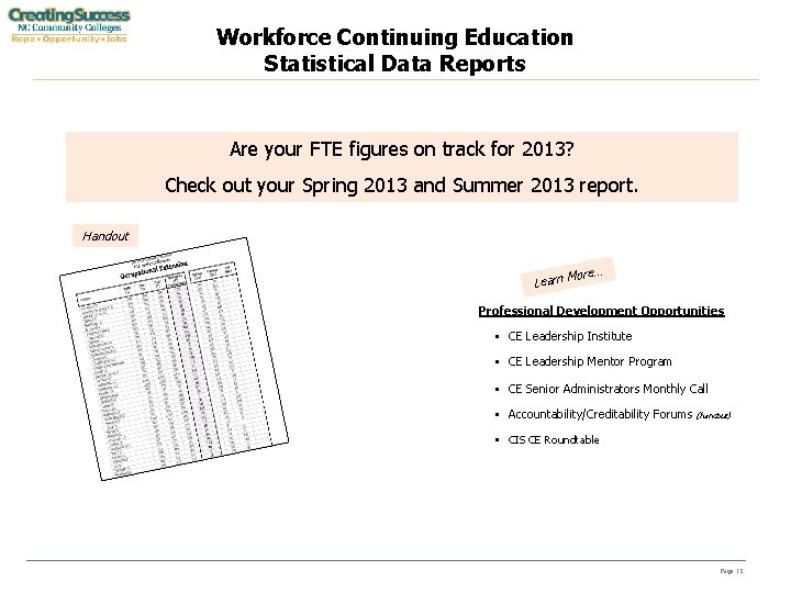 Workforce Continuing Education Statistical Data Reports Are your FTE figures on track for 2013?