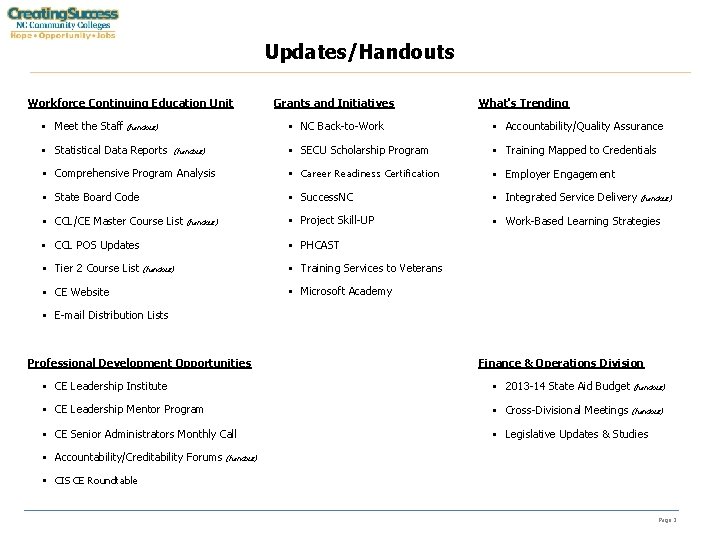 Updates/Handouts Workforce Continuing Education Unit Meet the Staff (handout) Grants and Initiatives What's Trending