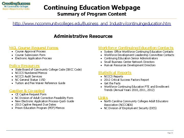 Continuing Education Webpage Summary of Program Content http: //www. nccommunitycolleges. edu/Business_and_Industry/continuingeducation. htm Administrative Resources
