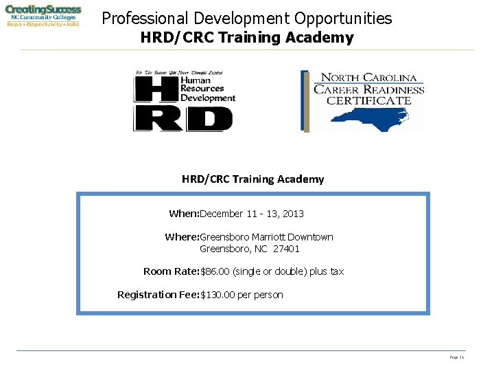 Professional Development Opportunities HRD/CRC Training Academy When: December 11 - 13, 2013 Where: Greensboro