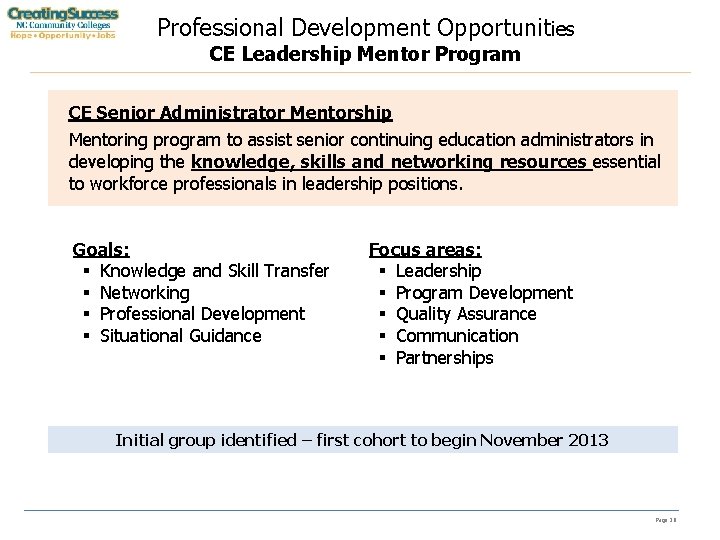 Professional Development Opportunities CE Leadership Mentor Program CE Senior Administrator Mentorship Mentoring program to