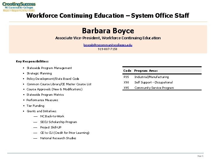 Workforce Continuing Education – System Office Staff Barbara Boyce Associate Vice-President, Workforce Continuing Education