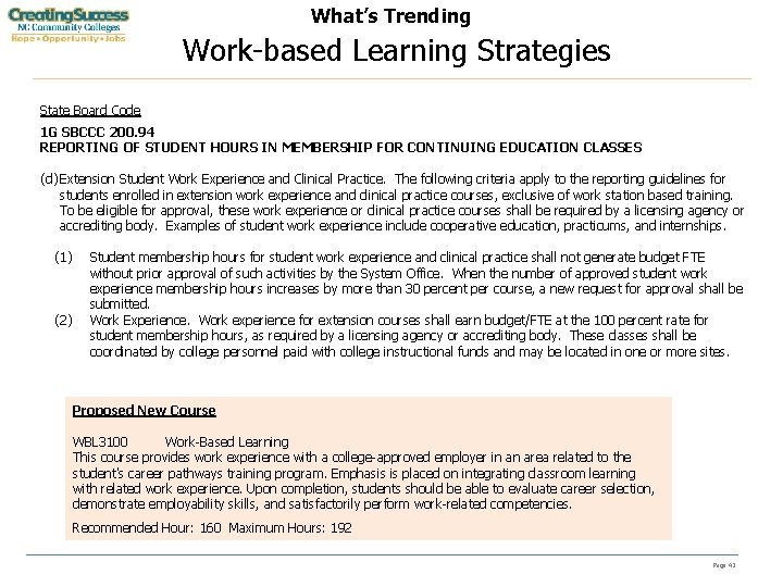 What’s Trending Work-based Learning Strategies State Board Code 1 G SBCCC 200. 94 REPORTING