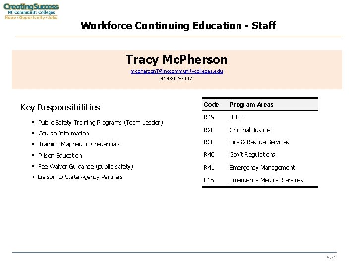 Workforce Continuing Education - Staff Tracy Mc. Pherson mcpherson. T@nccommunitycolleges. edu 919 -807 -7117