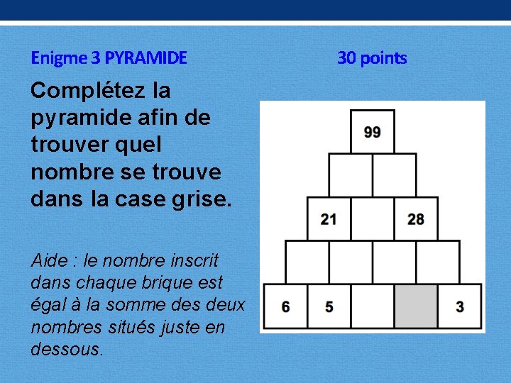 Enigme 3 PYRAMIDE Complétez la pyramide afin de trouver quel nombre se trouve dans