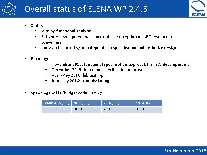 Overall status of ELENA WP 2. 4. 5 • Status: • Writing functional analysis.