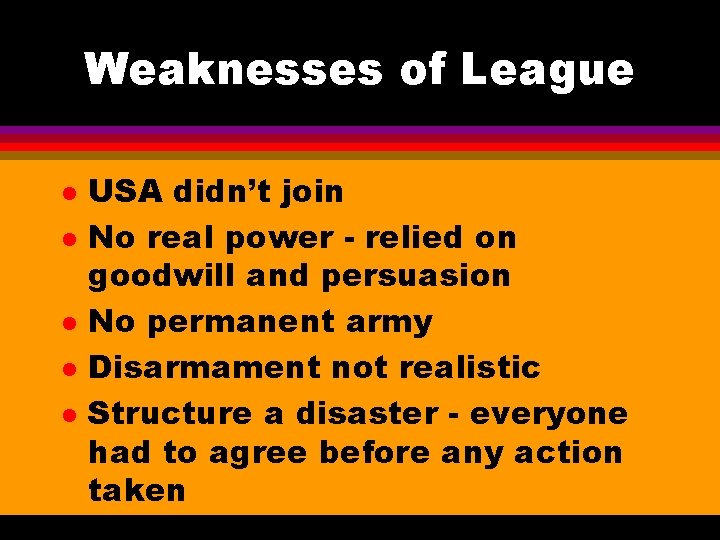 Weaknesses of League l l l USA didn’t join No real power - relied