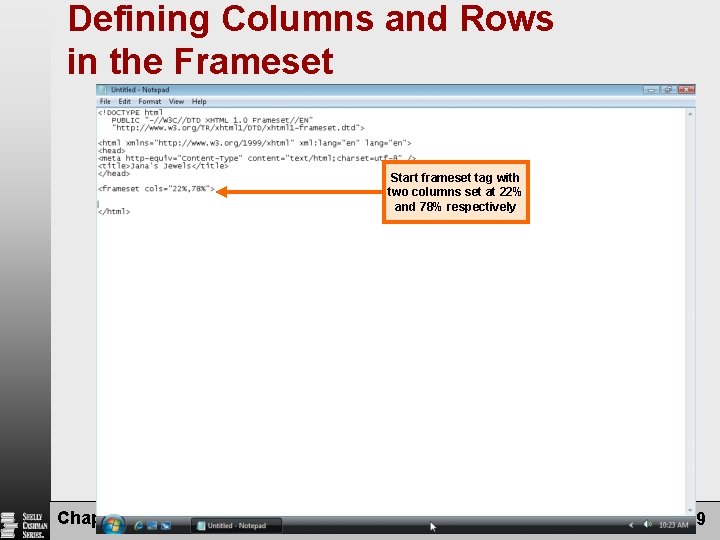 Defining Columns and Rows in the Frameset Start frameset tag with two columns set